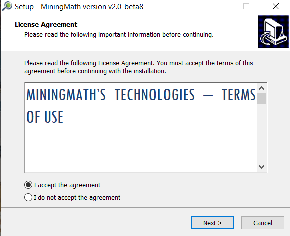 Carefully read the license agreement before proceeding with the installation. If you agree to the terms of the agreement, click the "I accept the agreement" checkbox and then click the "Next" button.