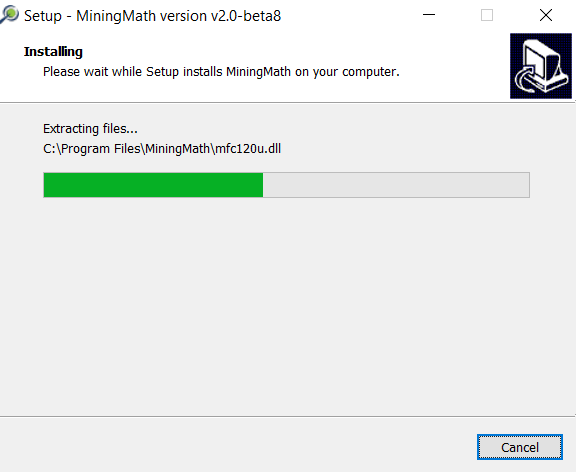 El instalador comenzará a instalar el software MiningMath en su computadora.. La barra de progreso mostrará el estado de la instalación..