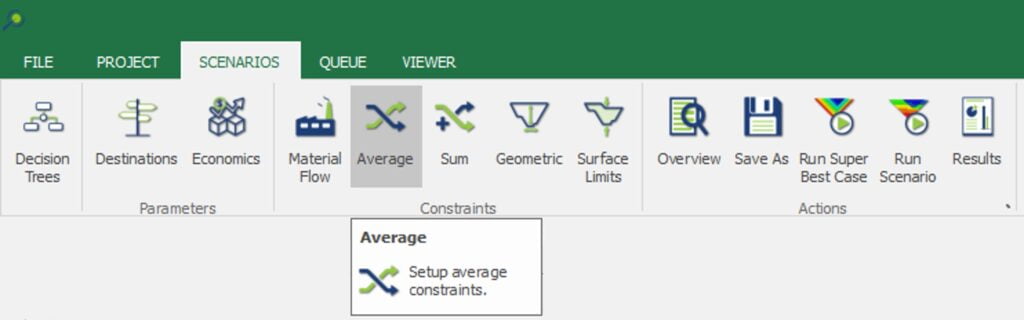 Mezcla (promedio) constraint in MiningMath's interface.