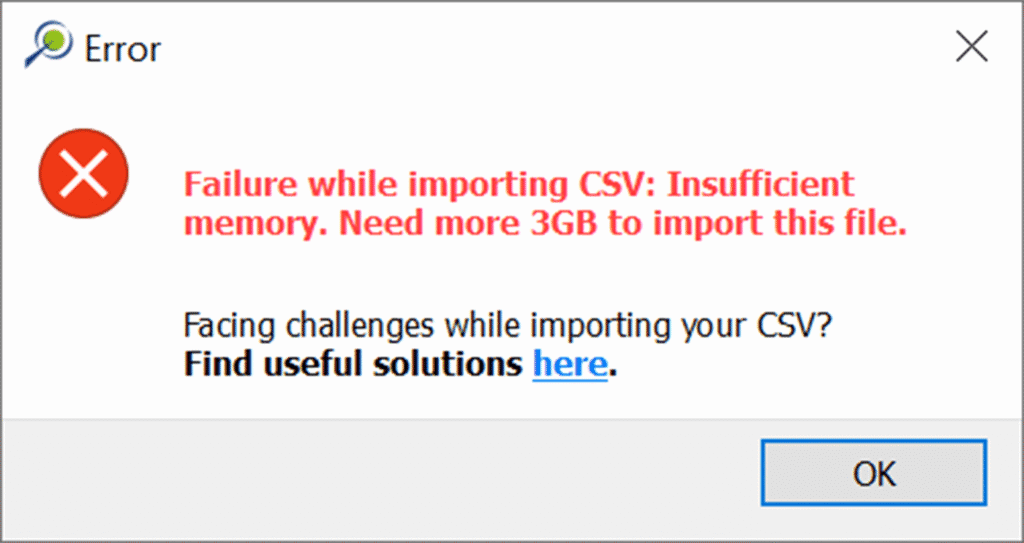 MiningMath alert box displaying the message: Failure while importing CSV: Need more 3GB to import this file.